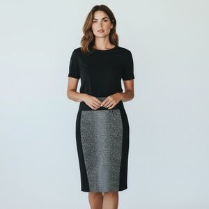 VINTAGE Adrienne Vittadini black midi skirt grey animal print back split Size 12